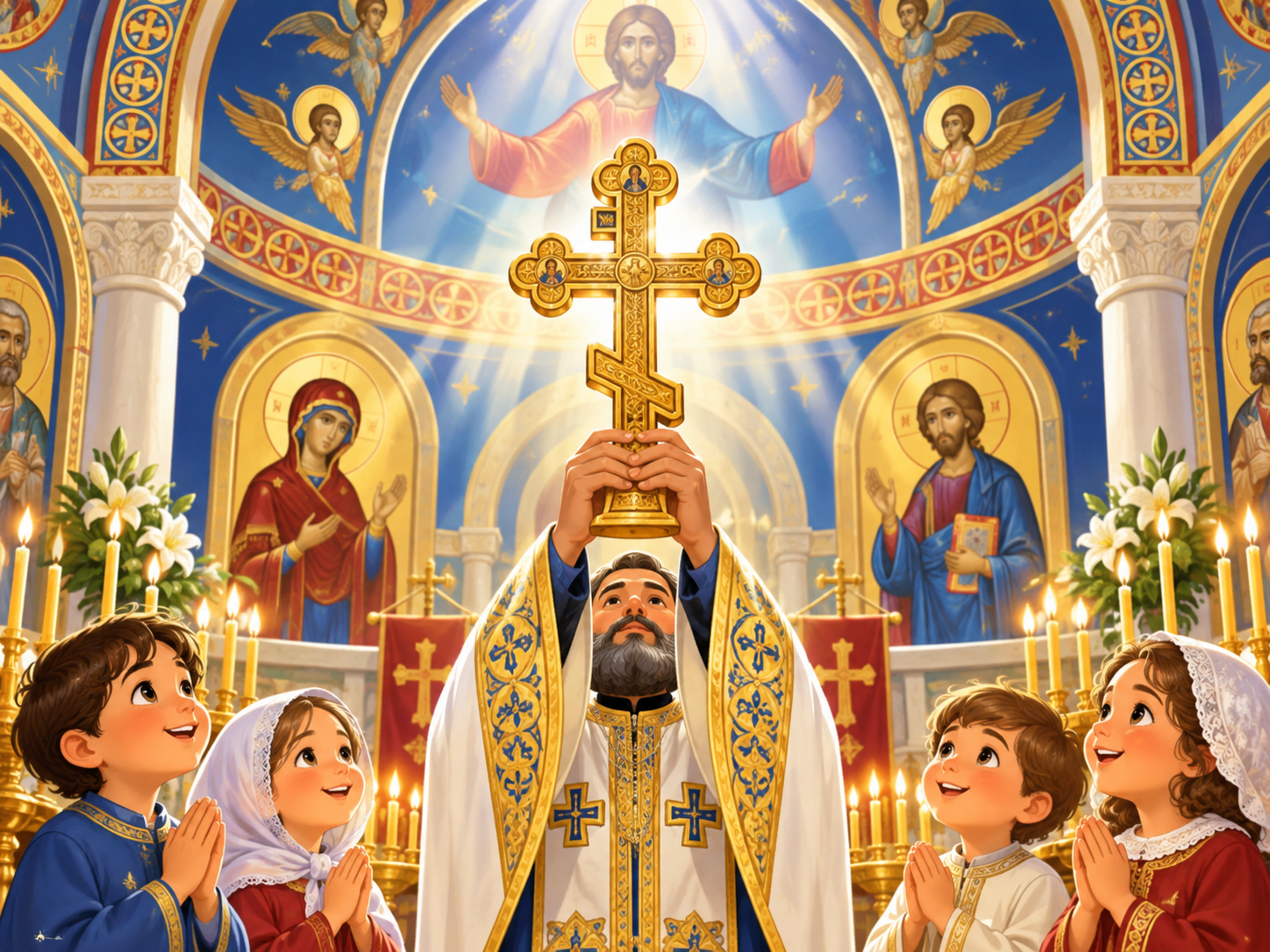 A priest reverently elevates a gold Orthodox cross as children look on inside a bright Byzantine-style church