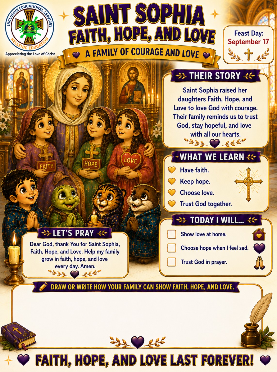 Saint Sophia, Faith, Hope & Love printable activity page